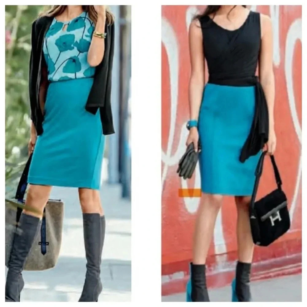 Cabi Blue green Rayon Blend Stretch Sigourney Pencil Skirt 10 # 3220